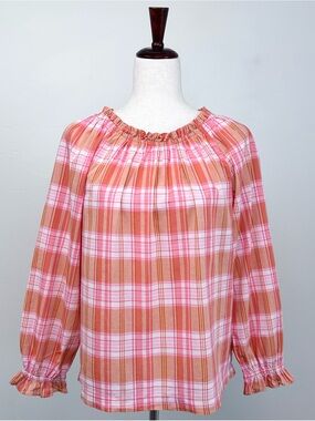 J. Crew Summer Orange Pink Plaid 100% Cotton Ruffle Tie-Back Long Sleeve Top XS